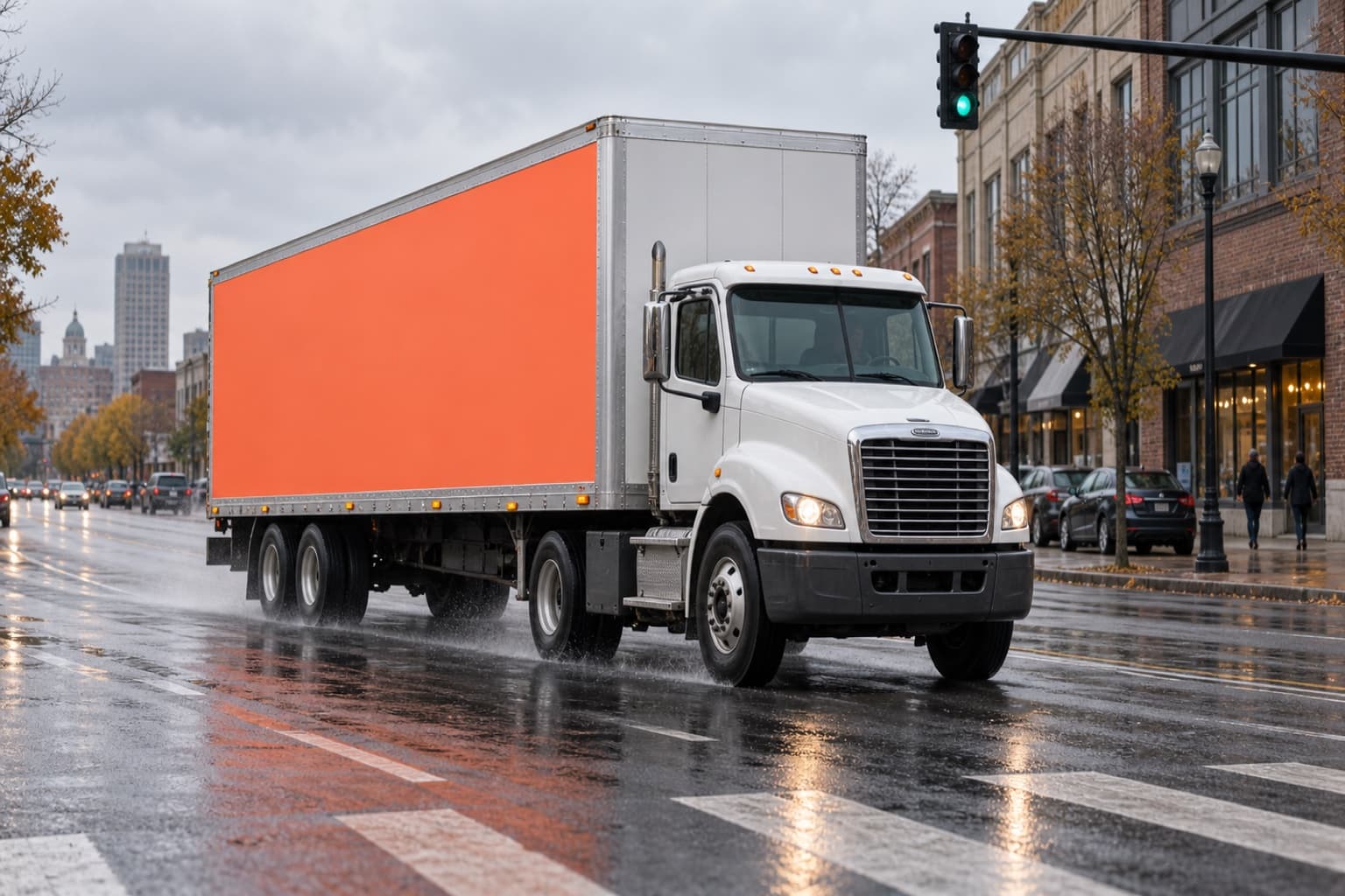 A white box truck carrying a large blank orange advertising panel drives through a wet city boulevard on an overcast day.