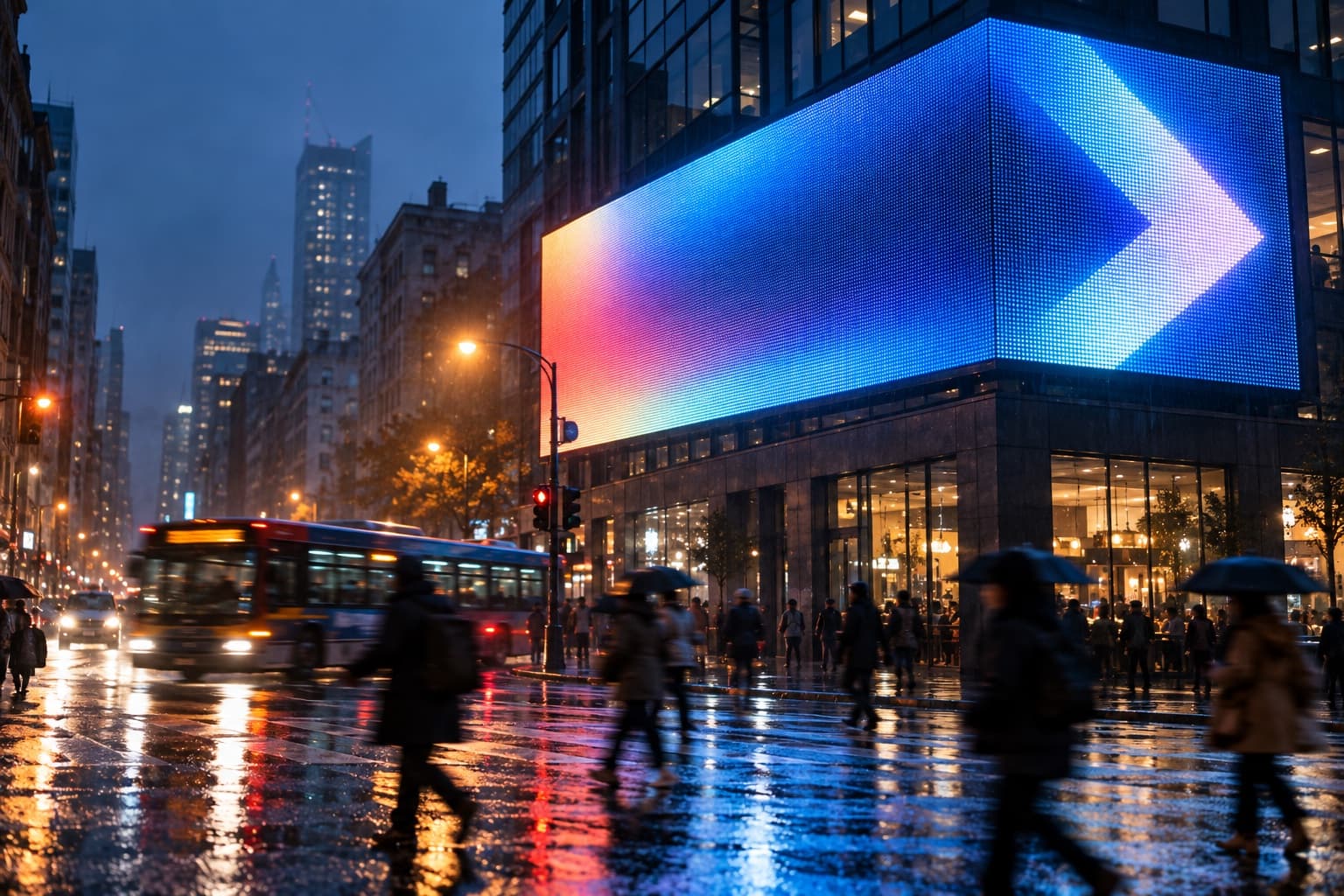 A glowing digital out-of-home advertising screen lights a rain-slicked city intersection at dusk as blurred pedestrians and a bus cross below.
