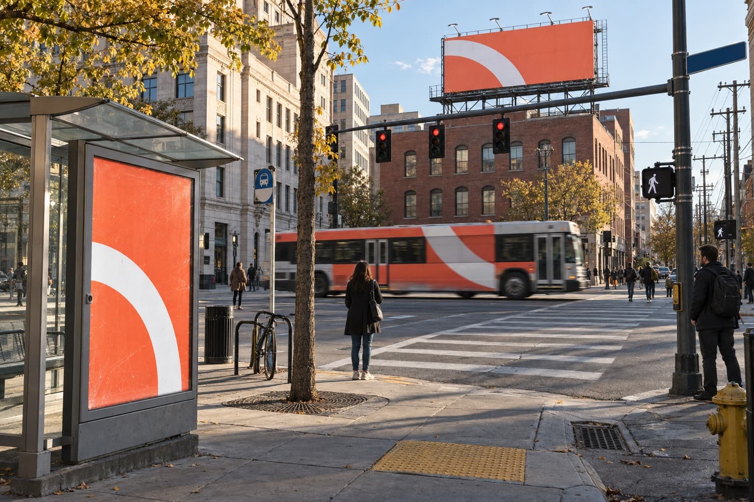 A city intersection in late-afternoon light where a rooftop billboard, a bus-shelter panel and a passing transit bus all carry the same orange advertising creative.