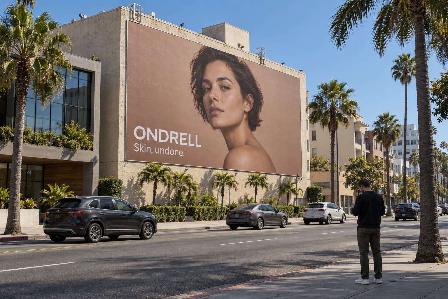 A fashion wallscape across the side of a mid-rise Los Angeles building shows a portrait of a woman beside a skincare headline.