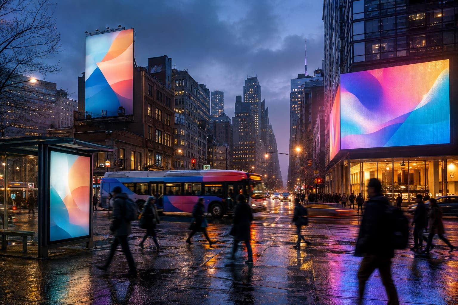 A rain-slicked downtown intersection at dusk showing four types of outdoor advertising together — a static bulletin billboard, a digital billboard screen, an illuminated bus shelter poster, and a full-vehicle bus wrap