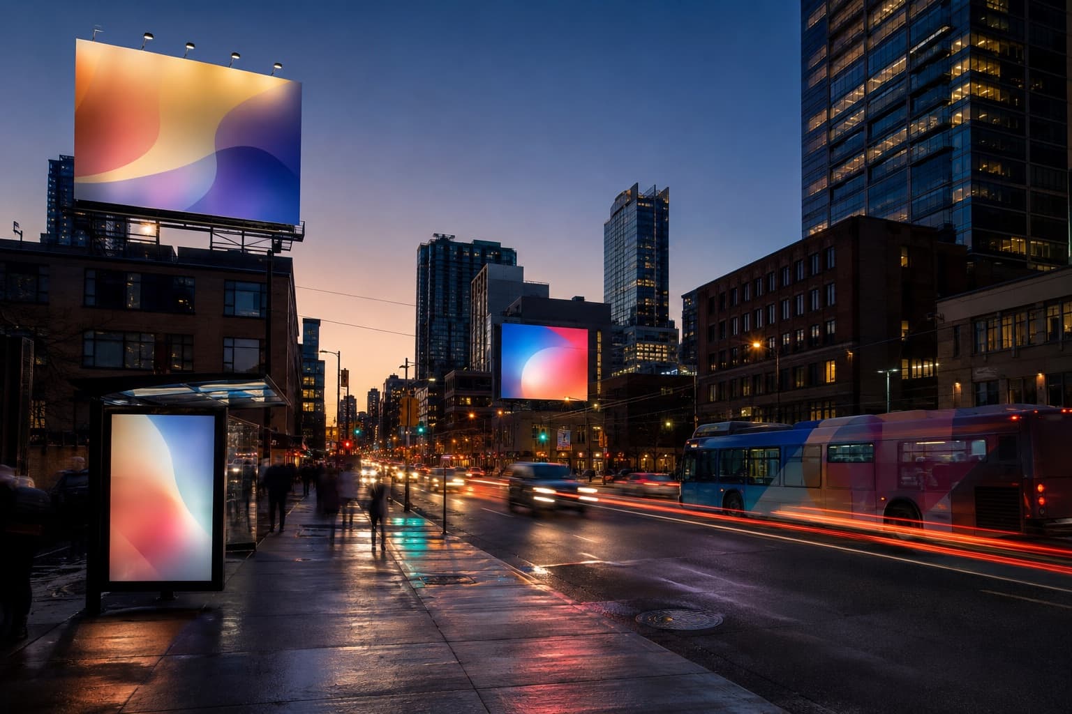 A downtown street at dusk showing several out-of-home advertising formats together: a rooftop static billboard, a digital LED billboard, a transit bus wrap, and an illuminated bus-shelter panel.