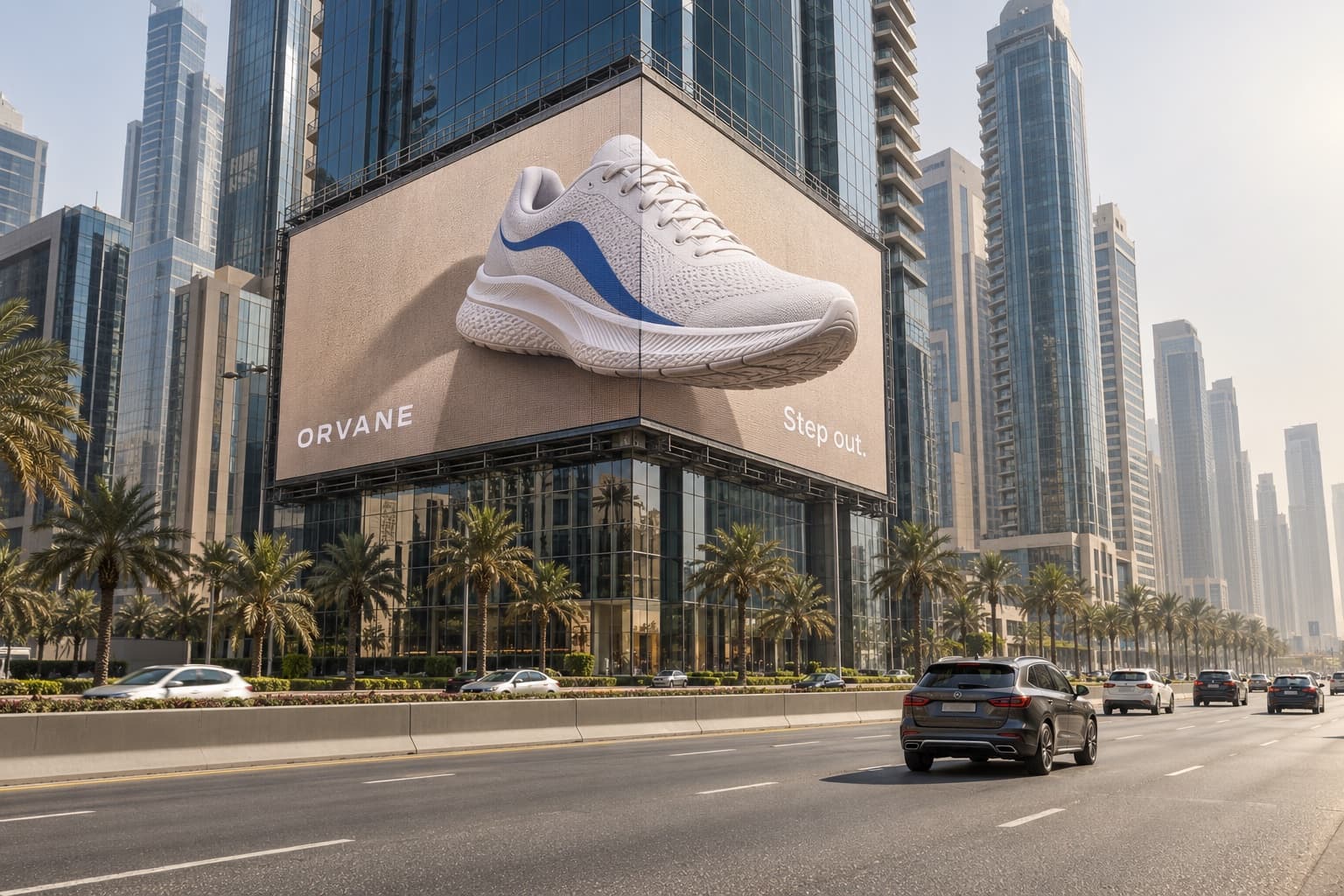 A three-dimensional LED advert display wraps the corner of a glass tower above a multi-lane Dubai highway, showing a white running shoe breaking out of the screen.