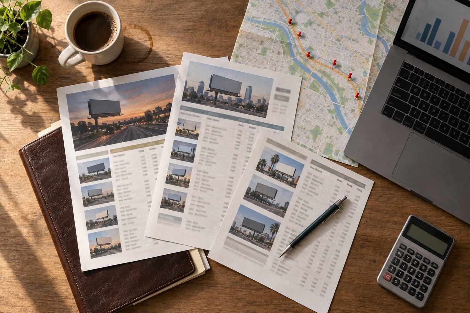 An overhead flat-lay of a media planner's desk with printed billboard rate sheets, a market map marked with pin locations, a calculator, and a laptop edge showing a comparison chart.