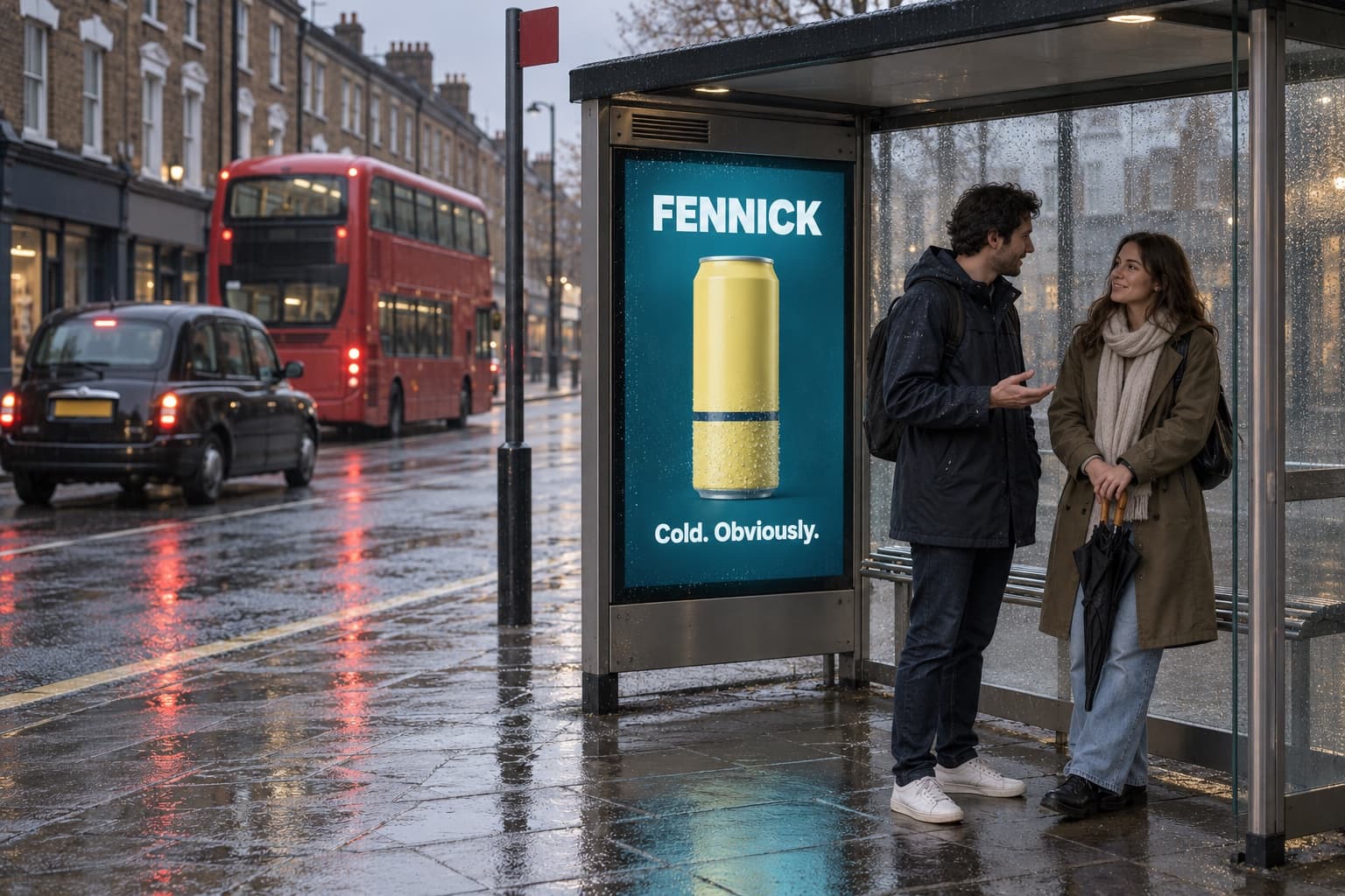 A digital advertising panel in a London bus shelter glows over a wet pavement as two friends talk beneath it.