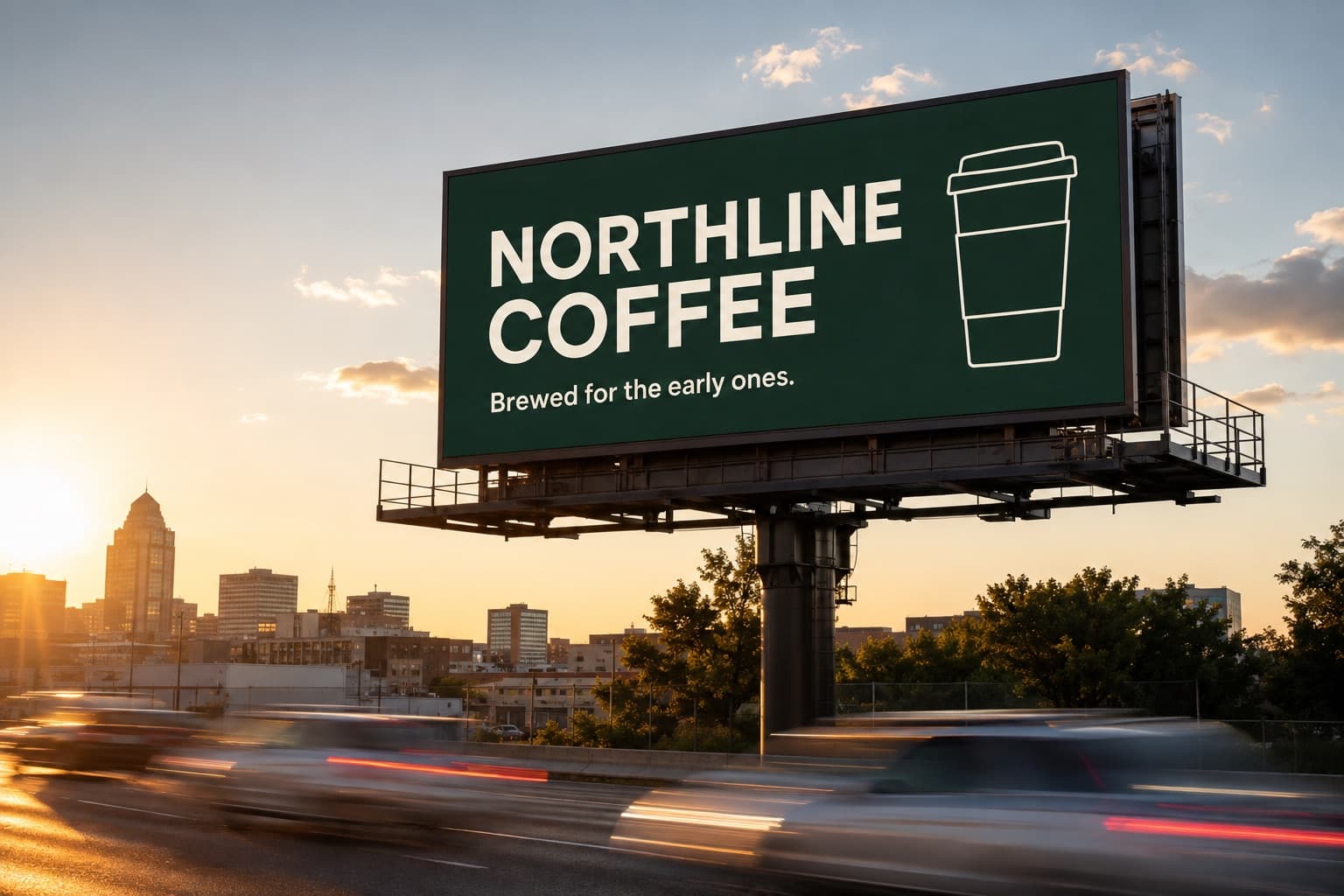 Roadside digital billboard at golden hour showing a Northline Coffee ad beside a busy urban road