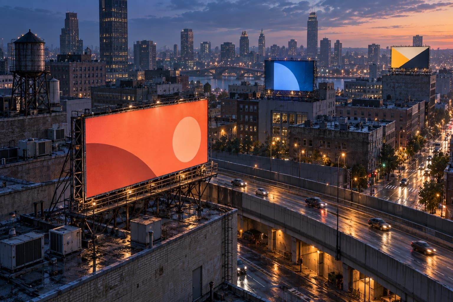 Rooftop and digital billboards above a wet city highway at dusk, seen from the air