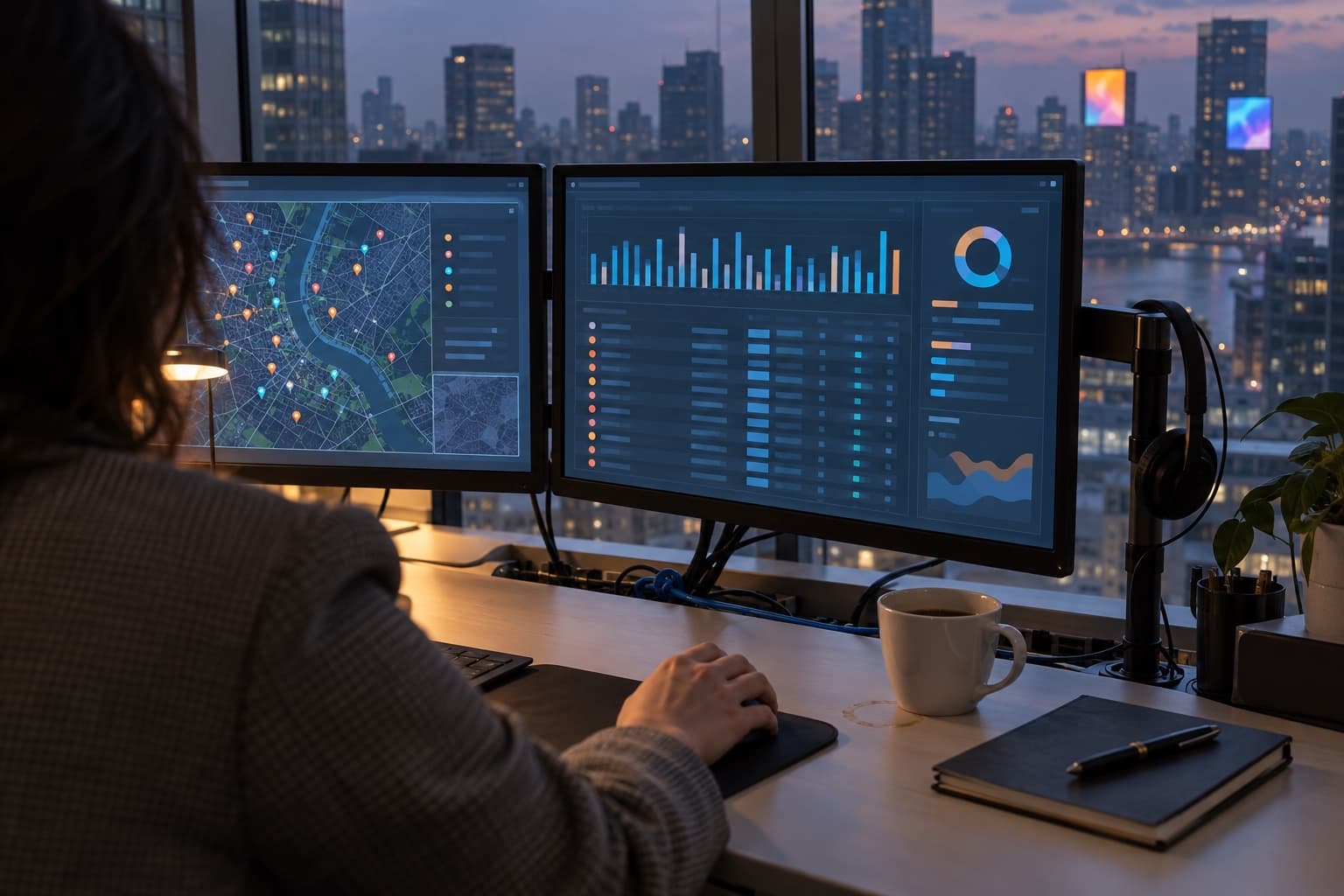 A media planner reviews a real-time bidding dashboard and inventory map on dual monitors at dusk, with two digital billboards glowing on distant buildings through the office window.